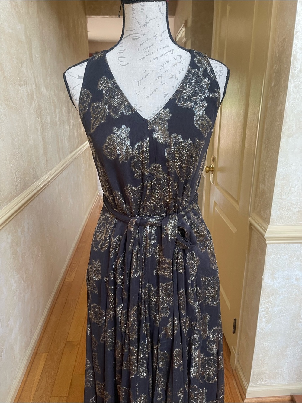 Free People Holding on convertible black and gold foil flowers maxi dress Sz S - Picture 7 of 17